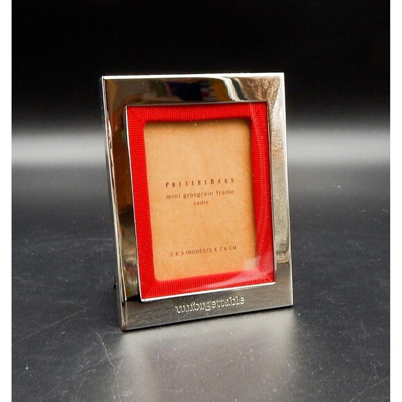 Pottery Barn Grosgrain Mini Picture Frame Silver Plated Sentiment Red Ribbon 2x3 - Picture 1 of 4